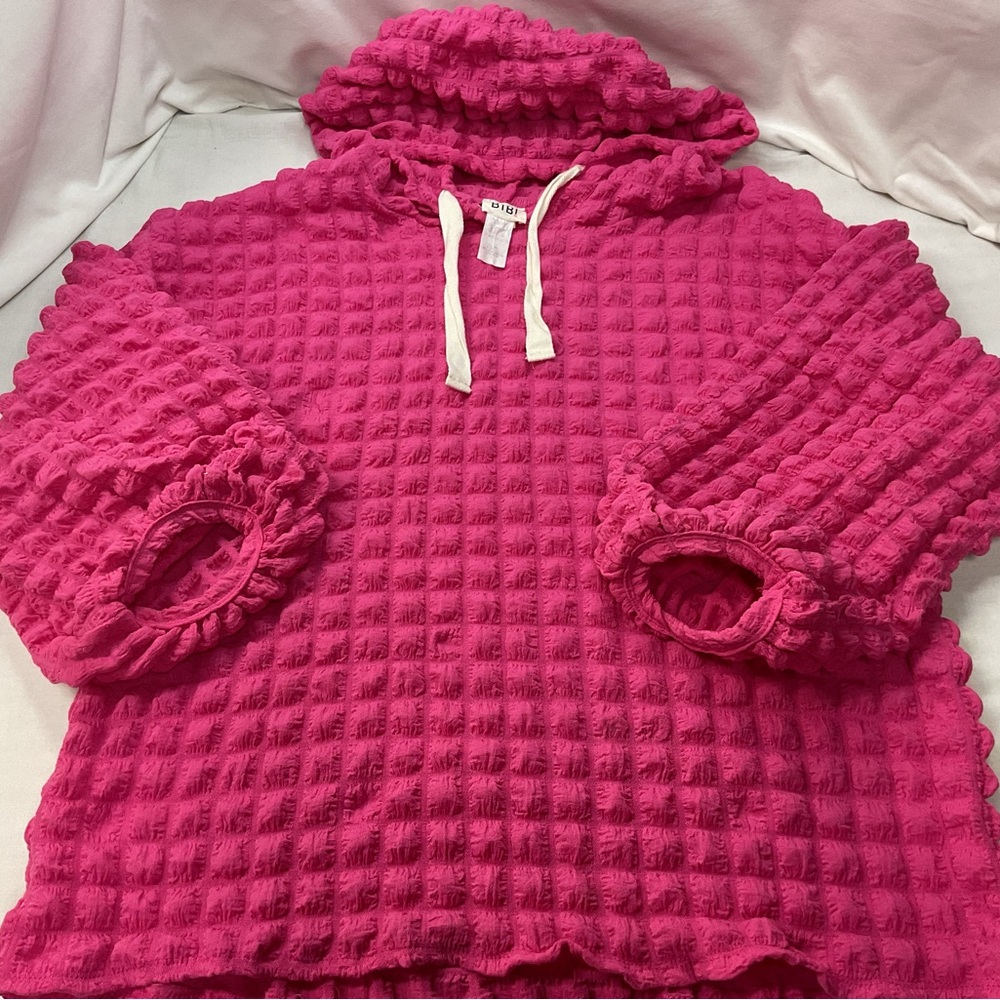 Bibi Women's Hoodie Textured Fuchsia Pink Puff‎ Pattern Size Large